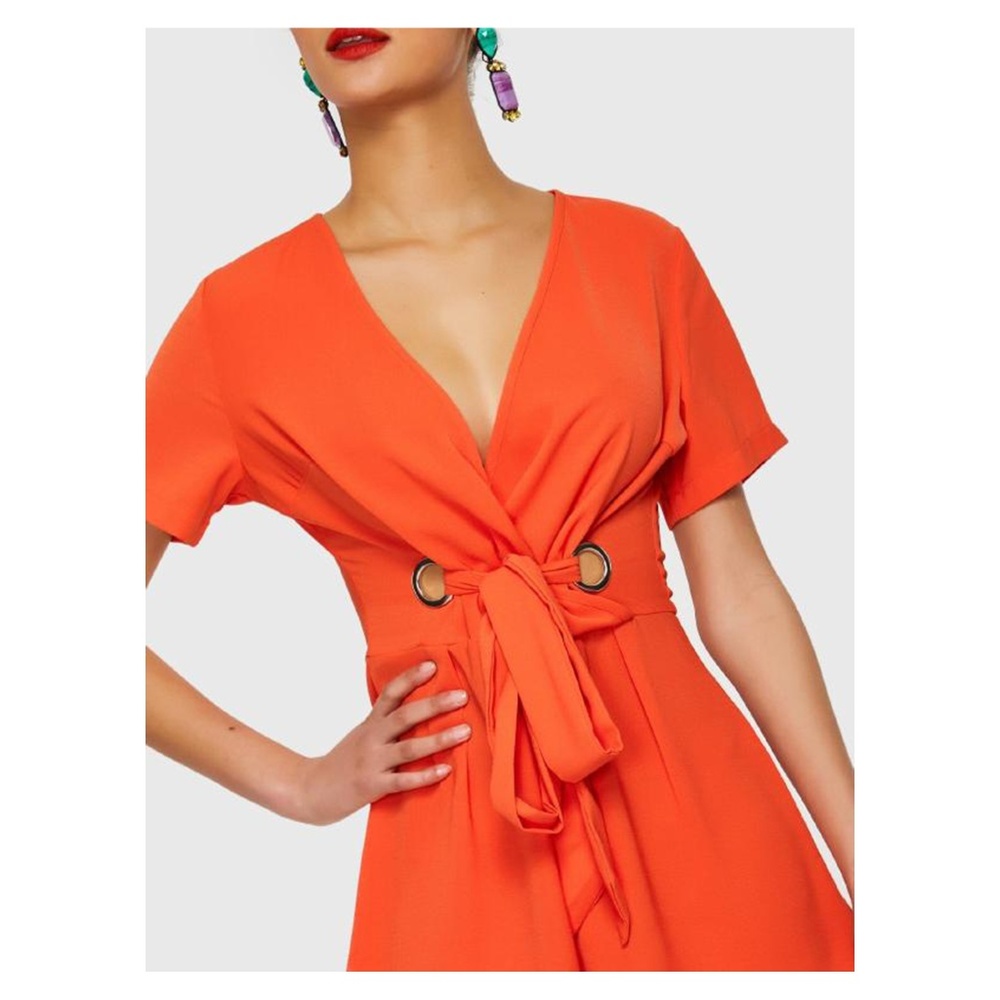Bright Orange V Neck Short Sleeve Knot Romper - Picture 3 of 4